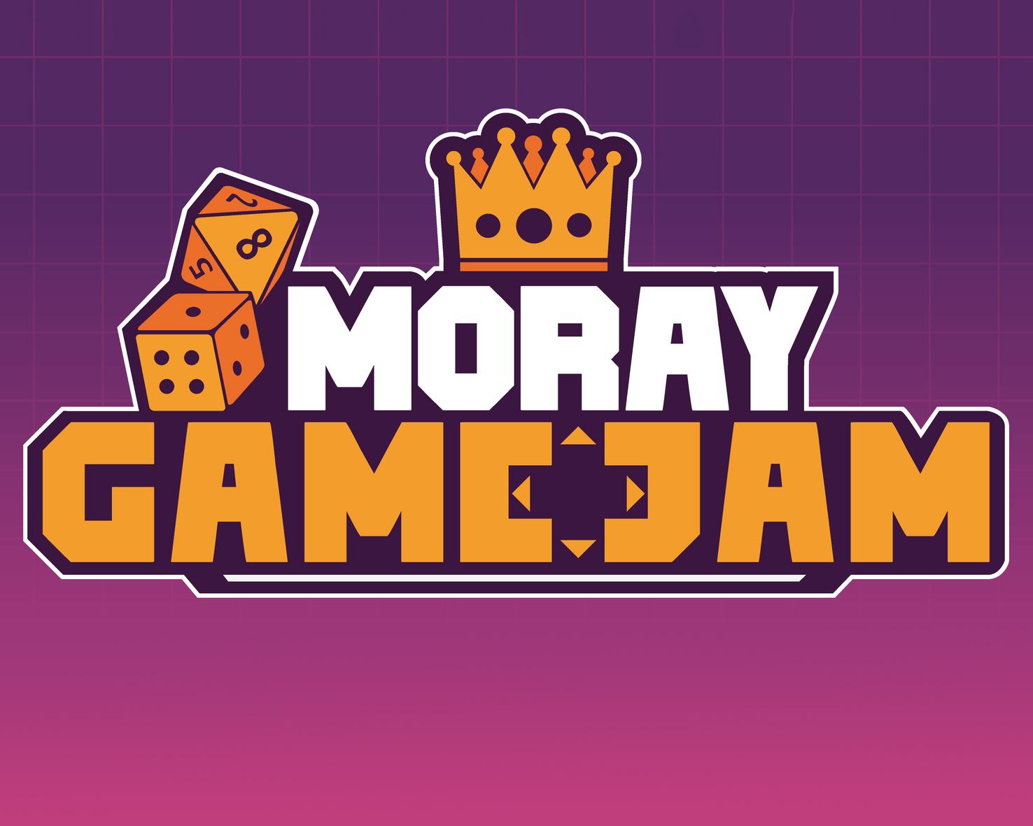 Promotional branding for the Moray Game Jam on a gradient of pink and purple.