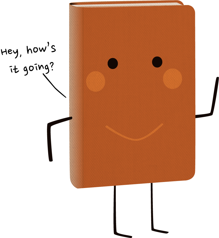 Burnt orange book with chubby cheeks and a cute smile who is asking 